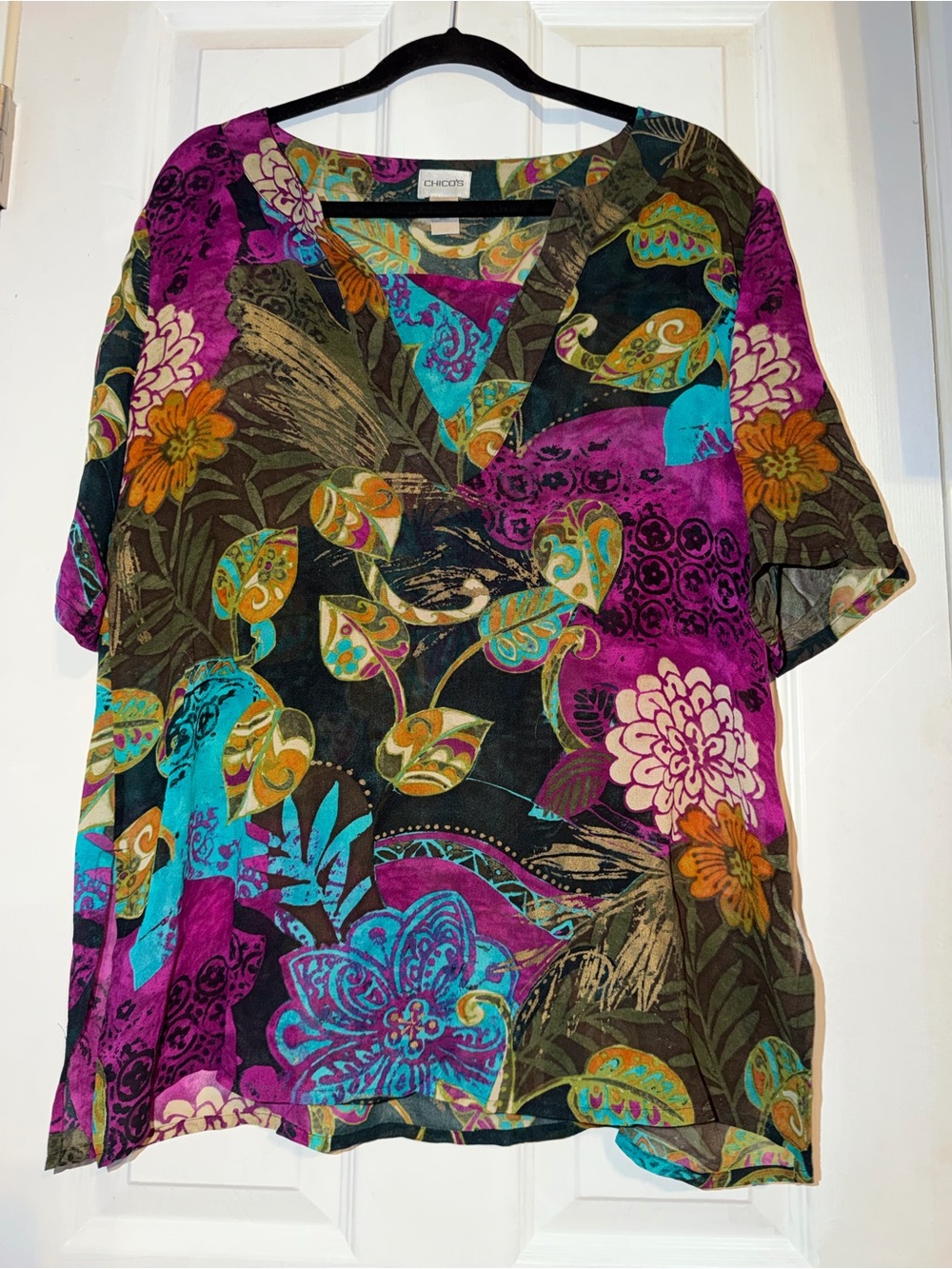Chico's Size 2 Women’s Large 100% Silk Tropical Jungle V-Neck Tunic